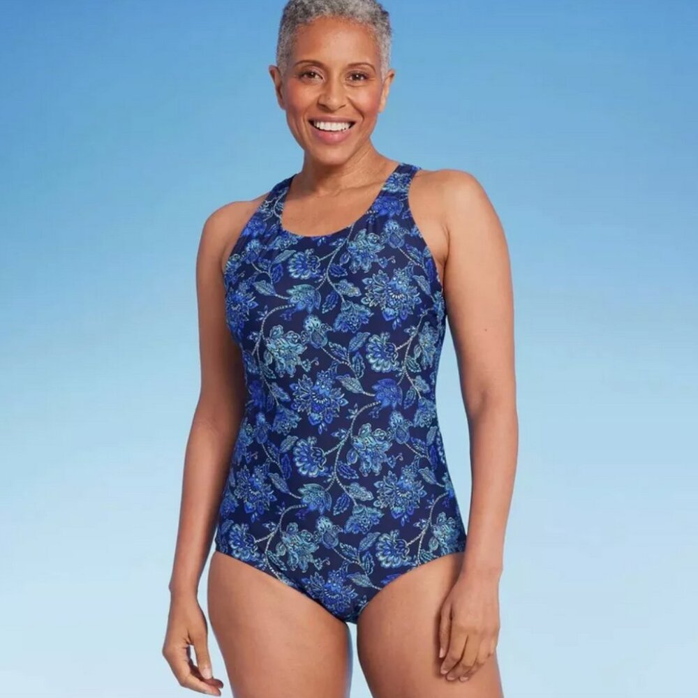 Lands' End UPF 50 Full Coverage Floral High Neck Tugless One Piece Blue M